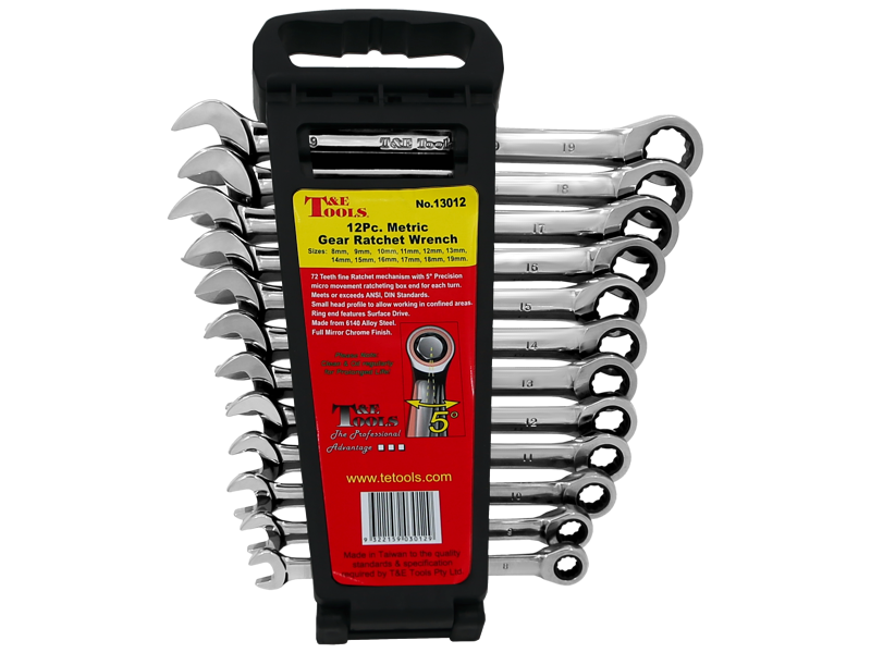 RATCHET WRENCH SPANNER SET 12pc 8 to 19mm FLEX HEAD METRIC T&E TOOLS DALLAS 